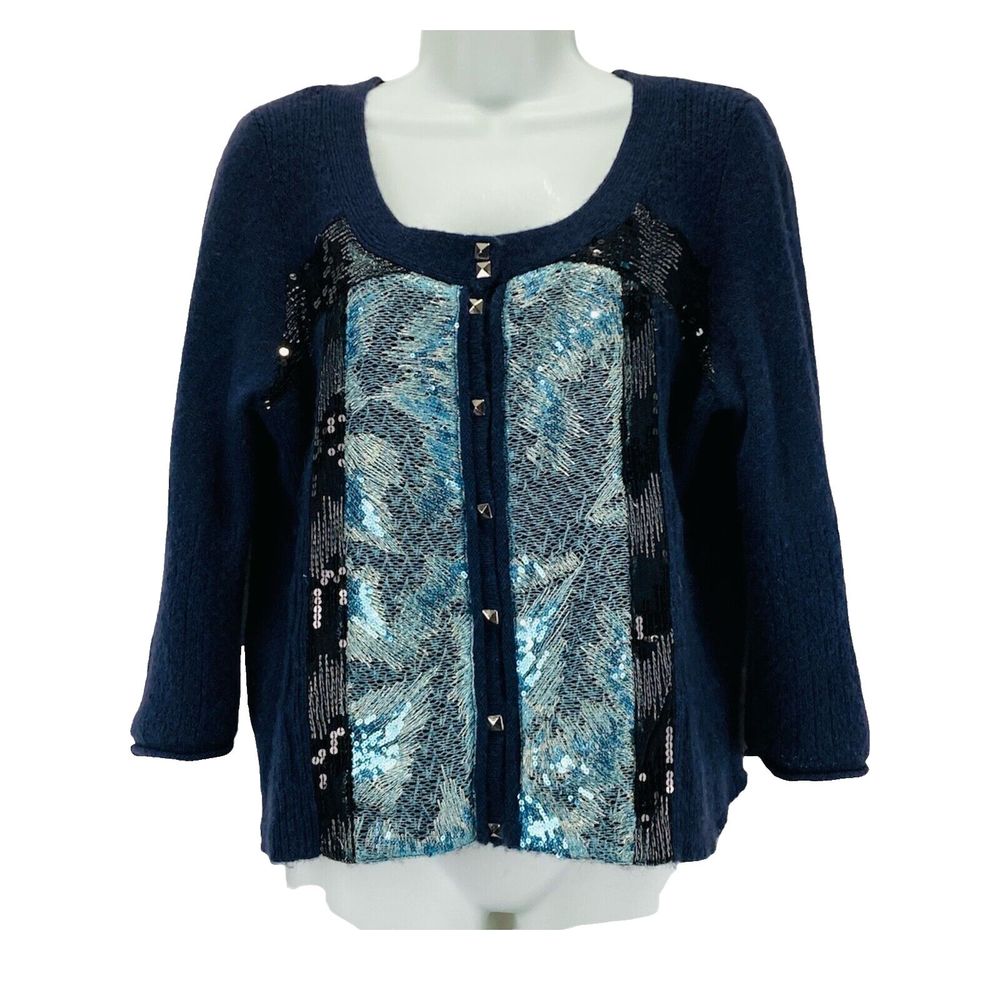 Free People Women’s Size L Angora Rabbit Wool Blend Cardigan Sweater Sequin Blue